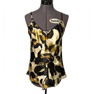 CAbi Black and Cream Asymmetrical Ruffle Front Camisole